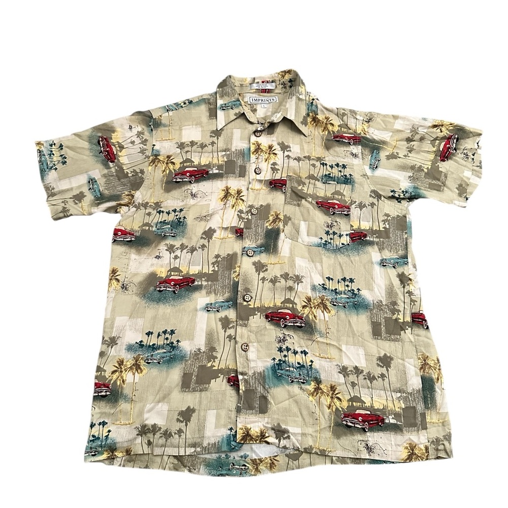 Vintage-Inspired Beige Palm & Red Car Camp Shirt by